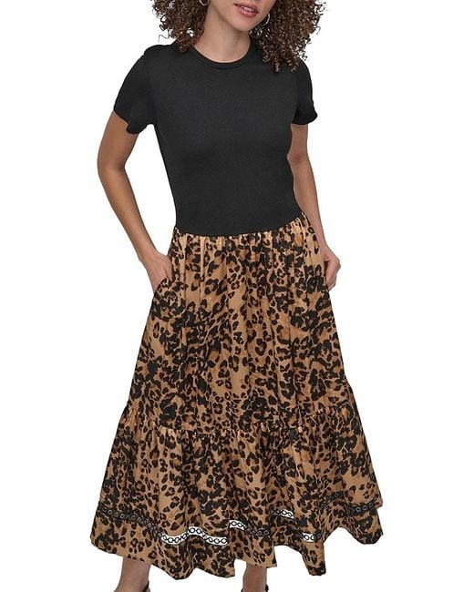 DKNY Brown Mixed Media Fit-&-flare Midi-dress