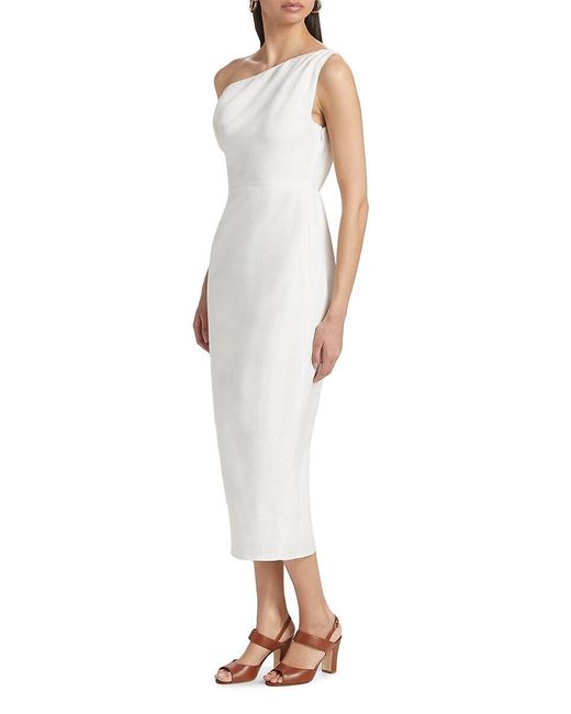 If Only Studio White One Shoulder Linen-Blend Midi-Dress
