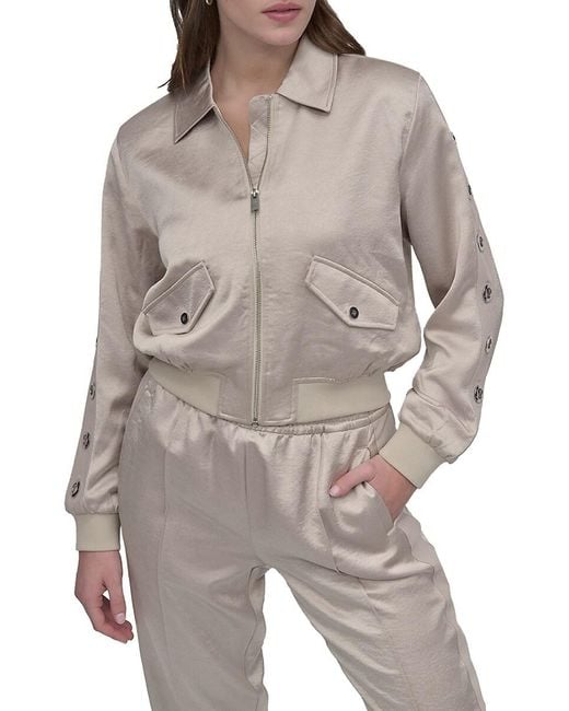 DKNY Gray Logo Grommet Woven Bomber Jacket