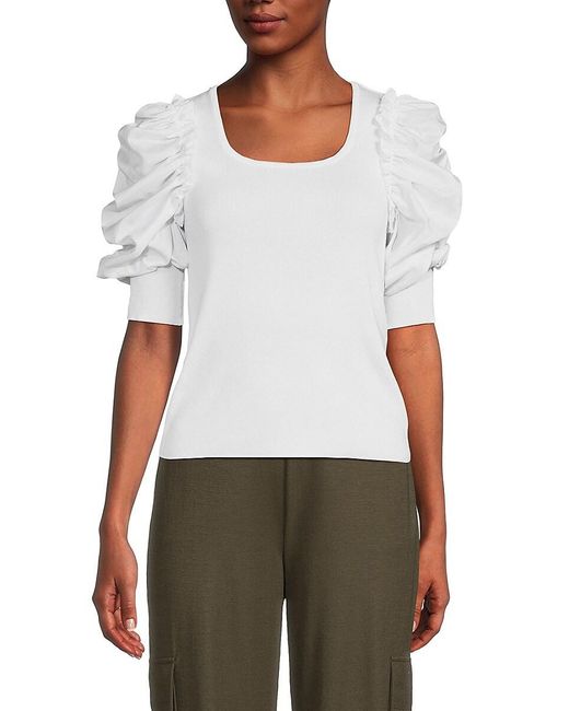 Nanette Lepore White Ruched Sleeve Knit Top