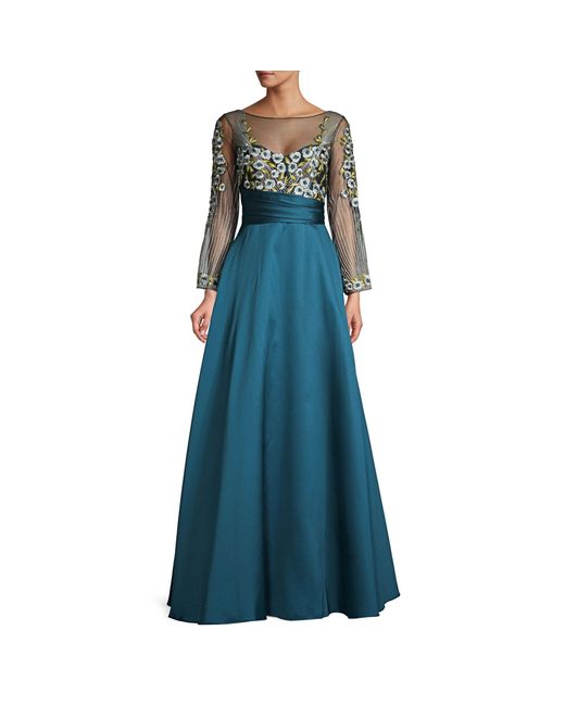 Marchesa notte Blue Embroidered Floral Ball Gown