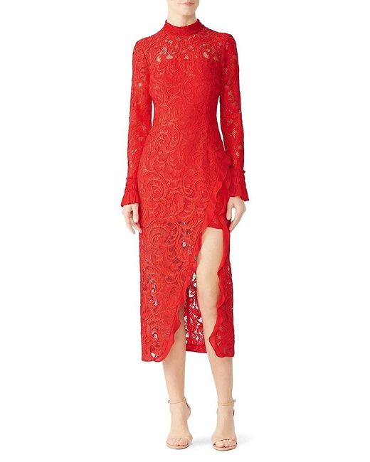 Alexis Lace Slit Midi Sheath Dress in Red Lyst