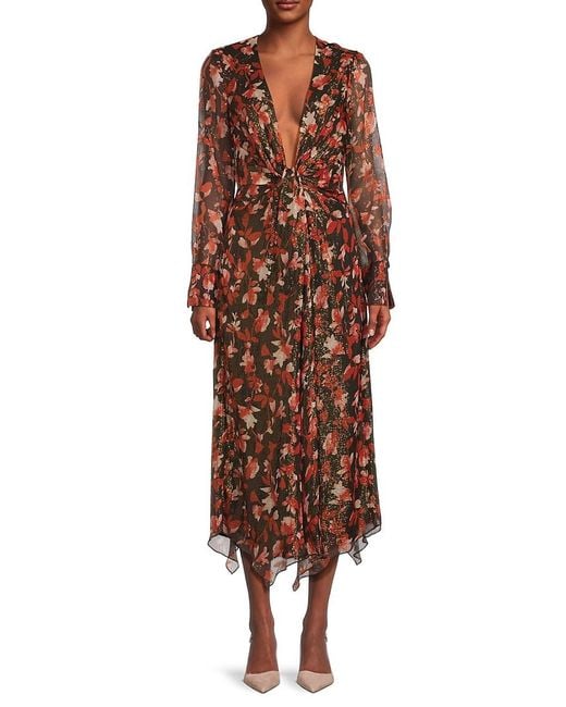 Ramy Brook Brown Tatia Floral Metallic Silk Twist Midi-Dress