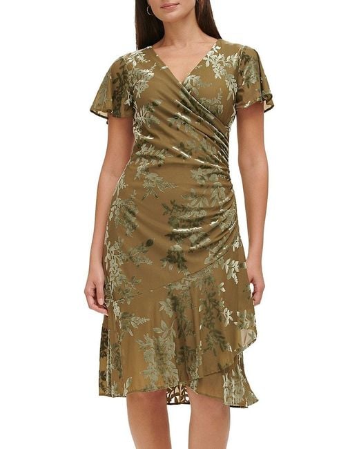 Kensie Green Burnout Faux Wrap Midi Dress