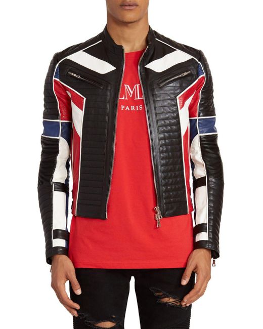 Balmain Red Men's Colorblock Leather Biker Jacket - Black Multi for men