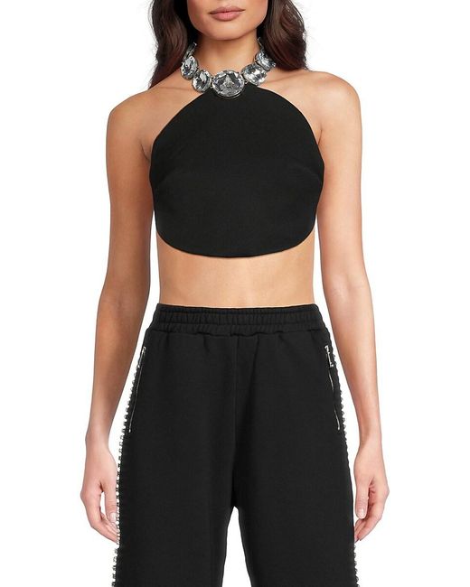 Area Black Crystal Embellished Virgin Wool Crop Top