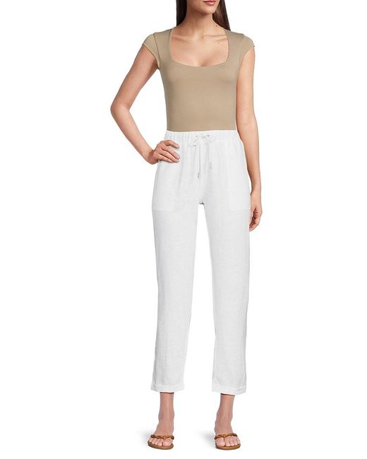 Saks Fifth Avenue White 100% Linen Straight Leg Crop Pants