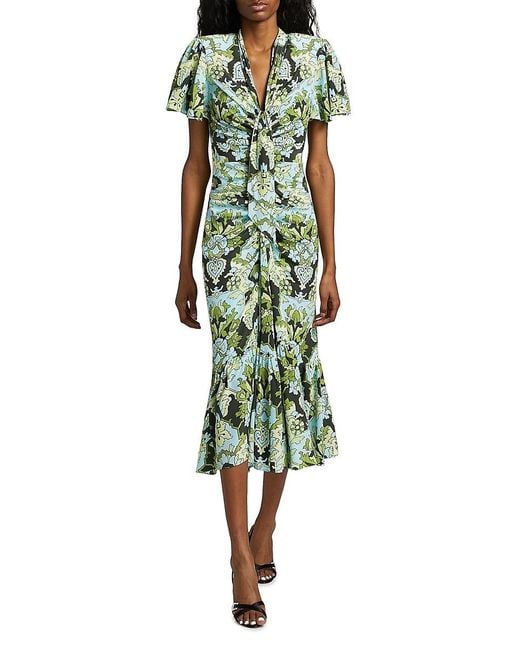 Cinq À Sept Green Peeta Damask Trumpet-Hem Midi-Dress