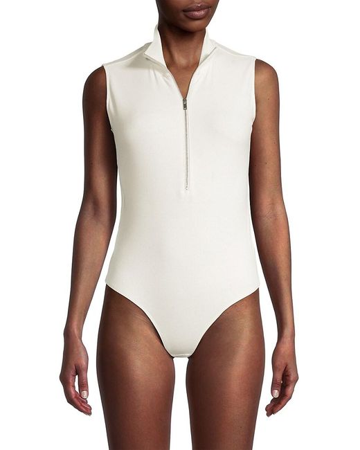 Tahari White Zip Front Ribbed Bodysuit