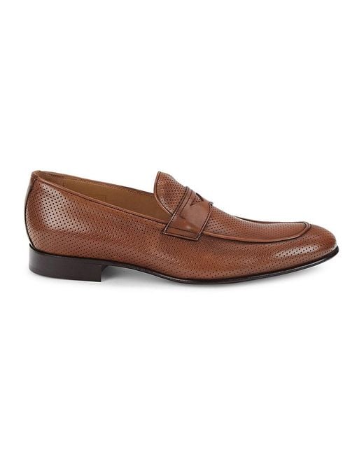 Saks Fifth Avenue Perforated Leather Penny Loafers in Cognac (Brown