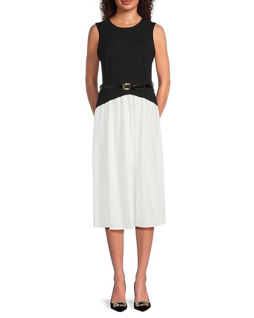 Halston Heritage White Colorblock Midi Dress