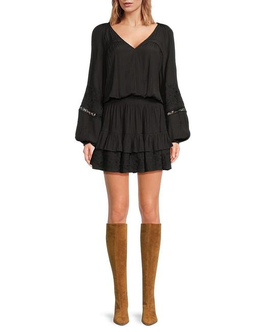 Ramy Brook Black Tiered Long-Sleeve V-Neck Minidress