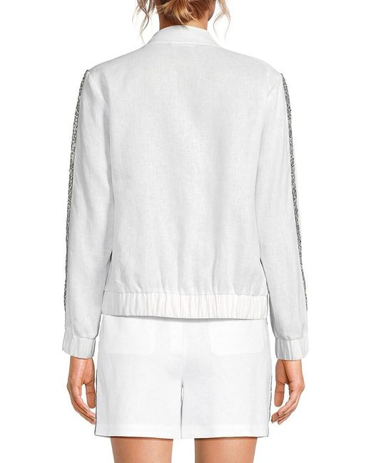 Saks Fifth Avenue White 100% Linen Sequin Stripe Bomber Jacket
