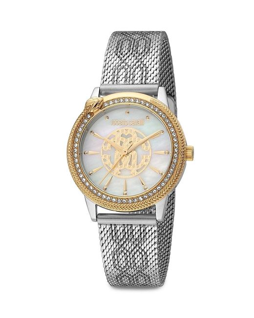 Roberto Cavalli Metallic 32mm Two Tone Stainless Steel & Mother Of Pearl & Crystal Studded Bracelet Watch