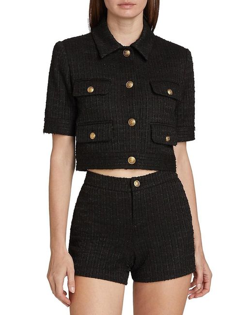 Alice + Olivia Black Elle Rib-Knit Cropped Short-Sleeve Jacket