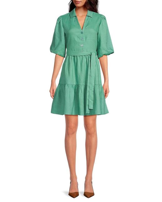 Saks Fifth Avenue Green Belted 100% Linen Mini Dress