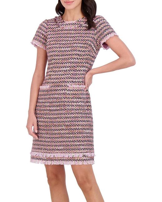 Eliza J Red Bouclé Shift Dress With Fringe Detail