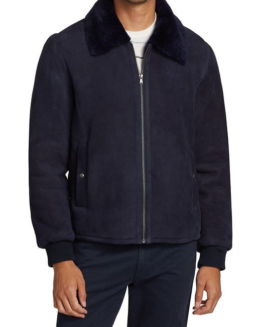 Saks Fifth Avenue Shearling Collar Suede Bomber Jacket in Navy (Blue ...