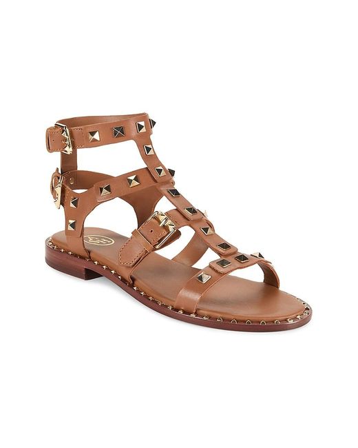Ash Brown Pacific Studded Leather Flat Sandals