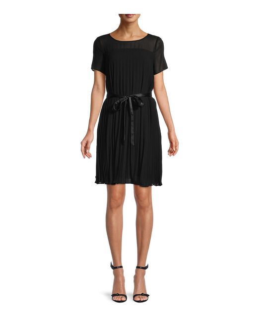 DKNY Chiffon Belted Accordion Pleat Dress in Black | Lyst