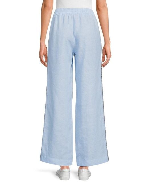 Saks Fifth Avenue Blue 100% Linen Sequin Trim Straight Pants