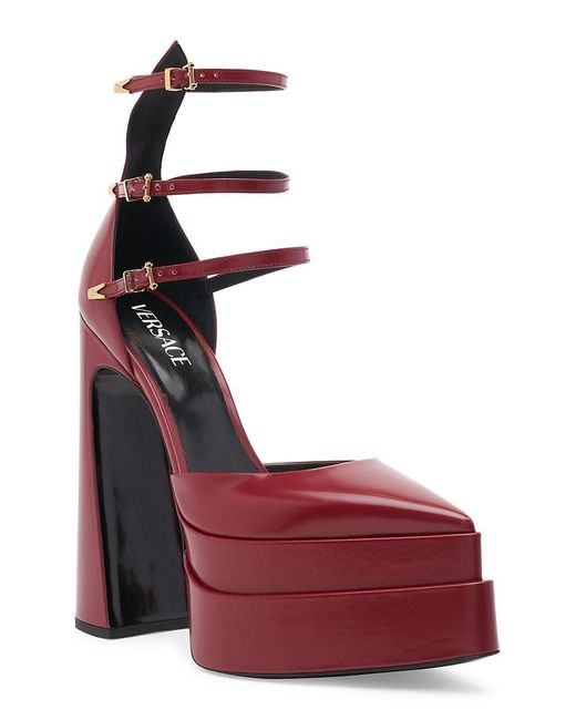 Versace Leather Platform Strappy Pumps in Red | Lyst UK