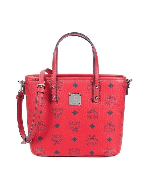 MCM Red Mini Aren Visetos Monogram Coated Canvas Top Handle Bag