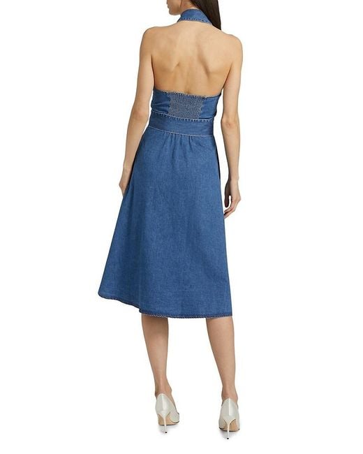 Alice + Olivia Blue Chassidy Chambray Halterneck Midi-Shirtdress