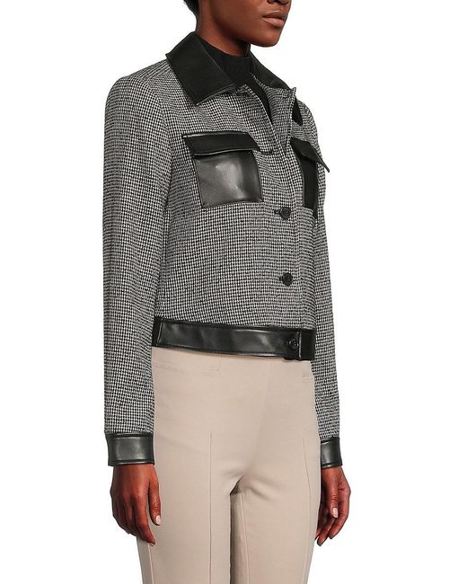 DKNY Gray Houndstooth Faux Leather Trim Jacket
