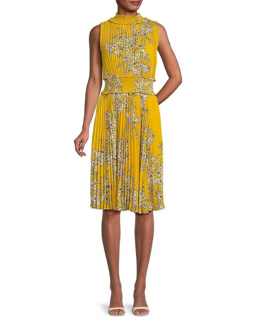 Nanette Lepore Yellow Pleated Floral Fit & Flare Midi Dress