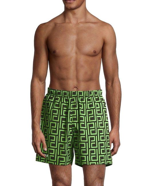 Purple Brand Green Logo Printed Swim Shorts for men
