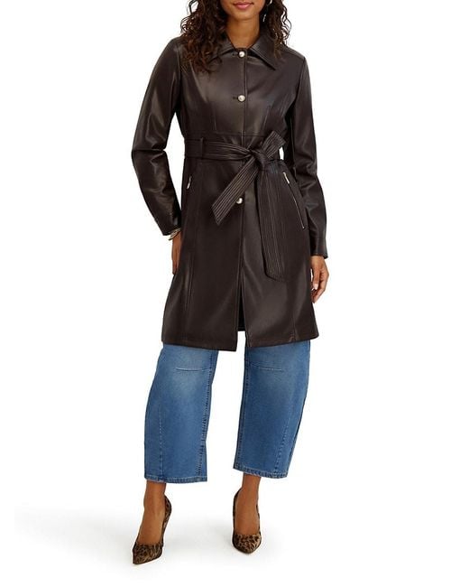Kensie Black Belted Faux Leather Trench Coat