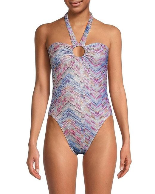 Ramy Brook Blue Sidney Abstract Halter One-Piece Swimsuit