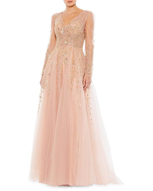 mac duggal embellished mesh gown