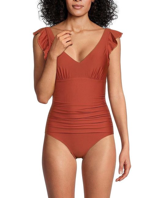 DKNY Red One-piece Ruched Ruffle Trim Swimsuit