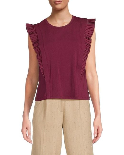 Karl Lagerfeld Red Pleated Flutter-Sleeve Cotton-Blend Top