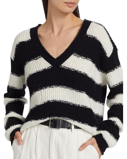 ATM Black Wool Blend Stripe V-neck Sweater