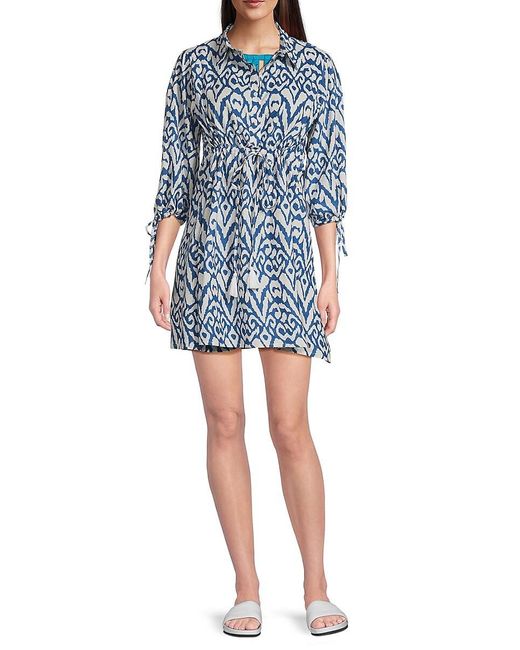La Moda Clothing Blue Printed Cotton Drawstring Cover-Up Minidress