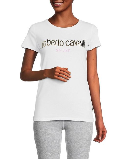 Roberto Cavalli White Slim Fit Logo Crewneck T Shirt