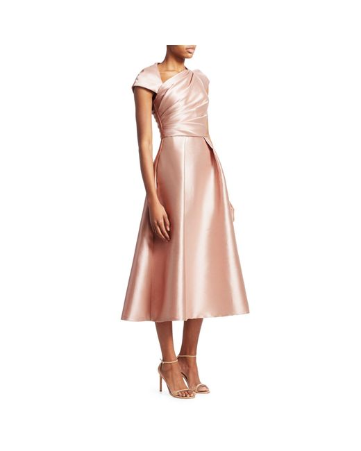 THEIA Pink Draped-bodice Tea-length Dress