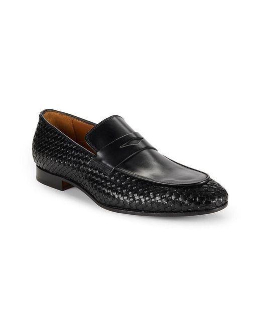 Saks Fifth Avenue Black Textured Leather Penny Loafers for men