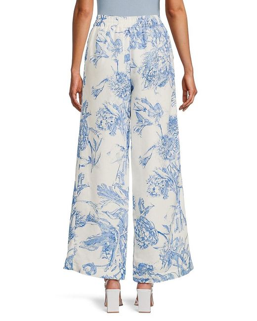 Tahari Blue Floral Linen-Blend Wide-Leg Pants