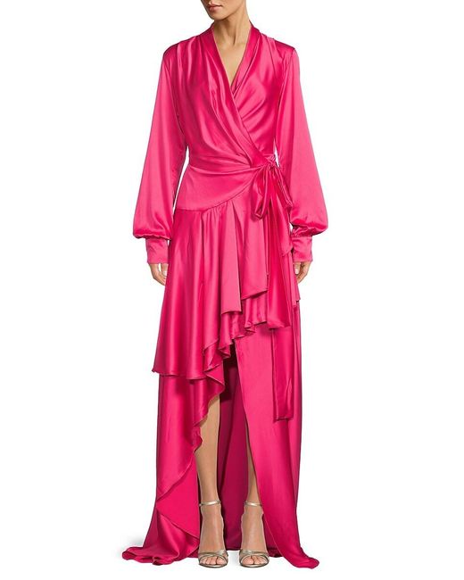 PATBO Pink Ruffle High Low Satin Wrap Dress