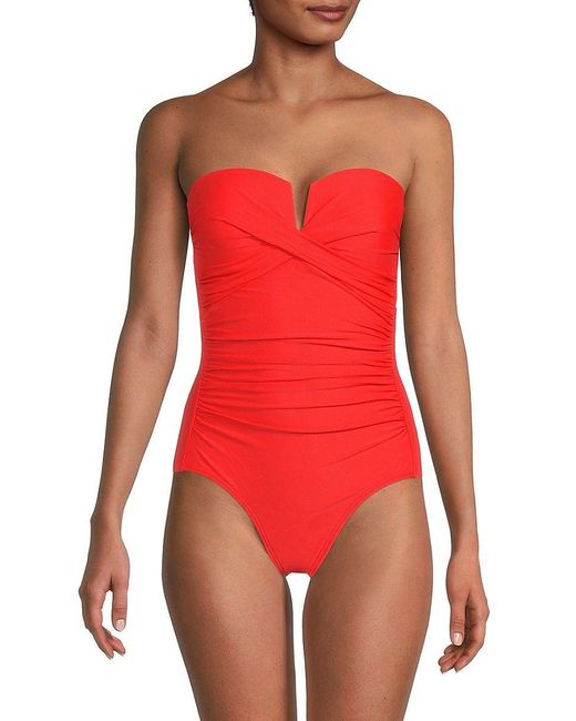 Calvin Klein Draped Strapless One Piece Swimsuit in Red | Lyst