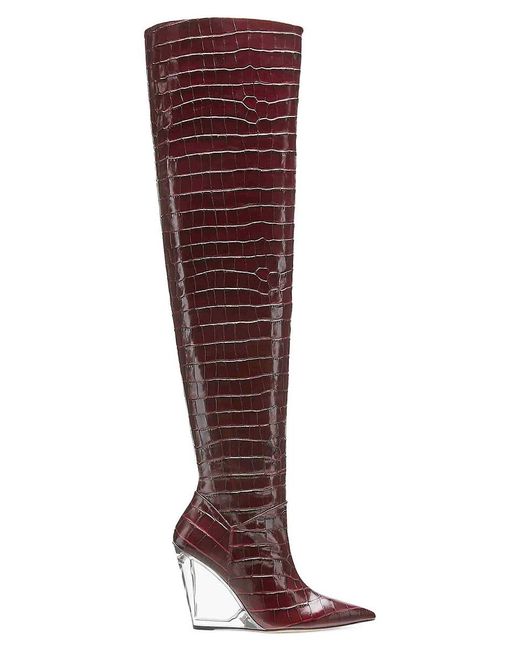 Stuart Weitzman Red 100Mm Alligator-Embossed Leather Wedge-Heel Knee Boots