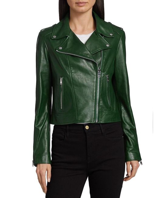 Lamarque Green Holy Hooded Leather Biker Jacket