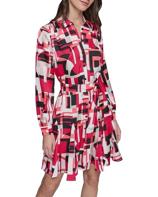 Karl Lagerfeld Red Printed Long-Sleeve Tie-Waist Minidress