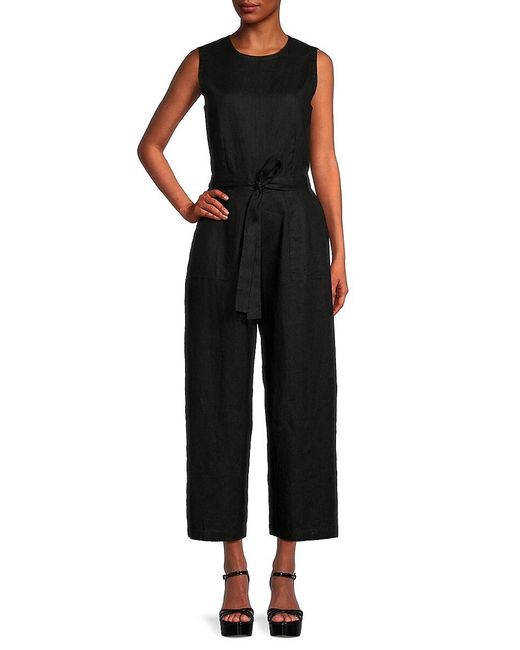Saks Fifth Avenue Black Belted 100% Linen Jumpsuit