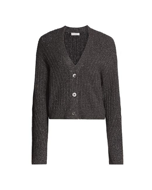 Ramy Brook Black Cornelius Metallic Rib-Knit V-Neck Cardigan
