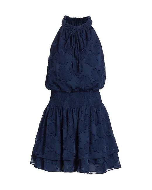 Ramy Brook Blue Hester Floral Smocked Halter Minidress